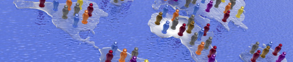 Generic person figurines on a map of continents
