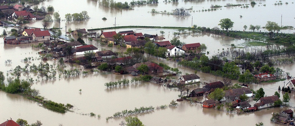 Aerial photo of a flooded small town